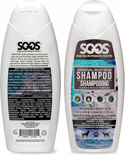 Soos Pet Dog Shampoo for Cats and Pets Mineral Rich Mud Natural Dead Sea Cruelty Free Fast Absorbing Skin Cooling First Aid Antib-acterial and Antif-ungal Odor Remover - 1x Pet Shampoo (500ml)