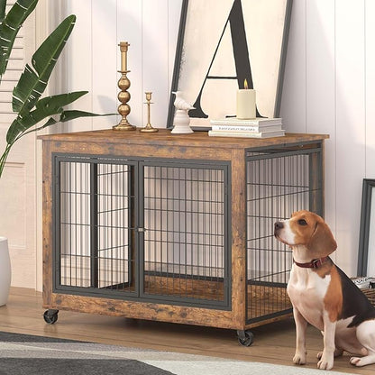 Dog Crate Furniture Dog Kennel for Home Indoor Use Furniture Dog Crate with Double Doors for Medium Large Dog 38.58" W x 25.2" D x 27.17" H Rustic Brown