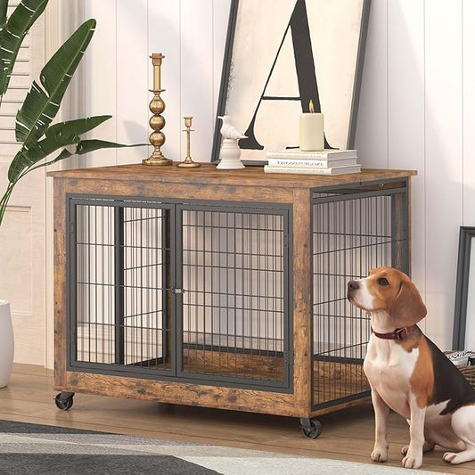 Dog Crate Furniture Dog Kennel for Home Indoor Use Furniture Dog Crate with Double Doors for Medium Large Dog 38.58" W x 25.2" D x 27.17" H Rustic Brown