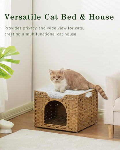 Cat Beds Indoor Kitten House, Handwoven Rattan Cat Cave Pet Cube, Large Cat Houses, One Bed Mat, Foldable, Hideaway, 16.5x16.5x13.2 Inches, 2 S-Shaped Hooks in Living Room Bedroom Natural