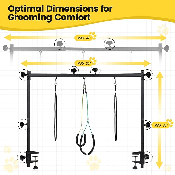 Dog Grooming Table Arm - Adjustable 35" Height, 32"-47" Width, Dog Grooming Arm with Clamp and No-Sit Haunch Holders - Perfect for Medium & Large Pets (Grooming Table Not Included)