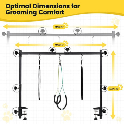 Dog Grooming Table Arm - Adjustable 35" Height, 32"-47" Width, Dog Grooming Arm with Clamp and No-Sit Haunch Holders - Perfect for Medium & Large Pets (Grooming Table Not Included)