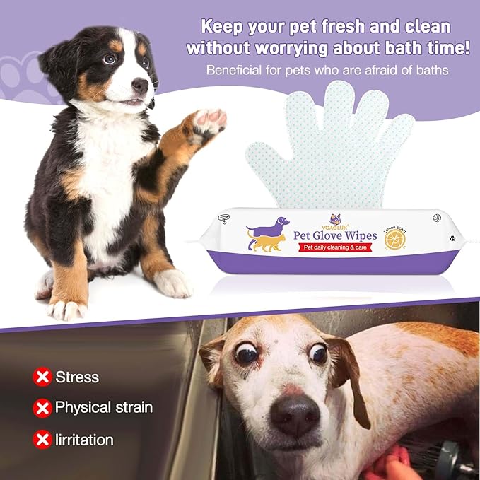 Dog Wipes 15 PCS Pet Cleaning and Deodorizing Bath Wipes for Dogs & Cats Rinse Free Grooming Gloves for Paws, Butt, Face and Fur