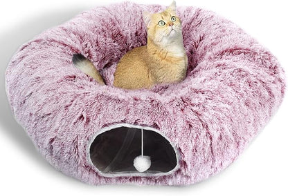AUOON Cat Tunnel Bed for Indoor Cats - Circle Peekaboo Cat Cave with Washable Mat for Indoor Cats Kitten Kitty Puppy Rabbit Ferret (Rosiness)