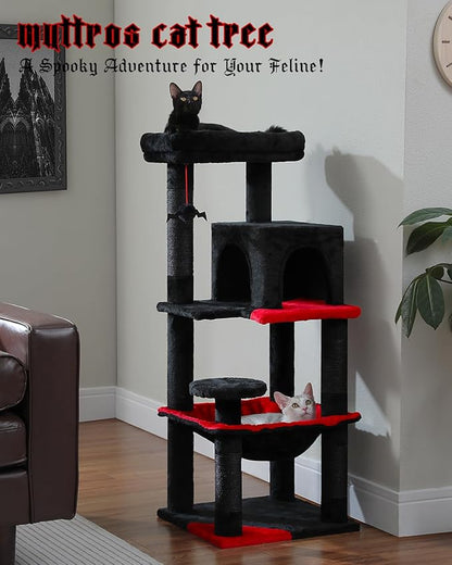 Gothic Cat Tree with Super Large Hammock, 45.7" Black Cat Tower with Coffin Bed, Cat Condo, Sisal Scratching Posts & Top Perch, Multi-Level Goth Cat Tree, Halloween, Black