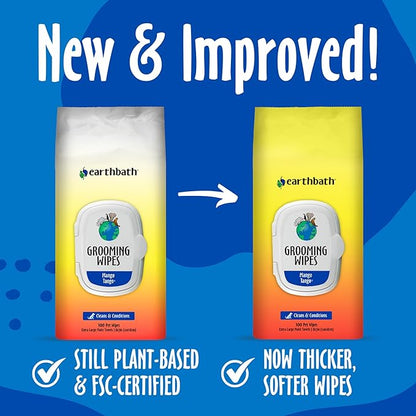 earthbath, Mango Tango Grooming Wipes - Dog Wipes for Paws and Butt, Best Pet Wipes for Dogs & Cats, Made in USA, Cruelty-Free Dog Cleaning Wipes, Removes Dirt & Dander - 100 Count (2 Pack)