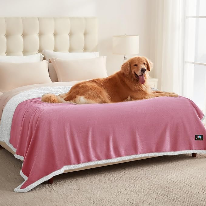 Luciphia Waterproof Bed Blanket Washable,Soft Sherpa Fleece Puppy Reversible Throw Blankets for Medium Large Dog Cat,Furniture Cover Protector Couch from Liquid Pee and Pet Fur,Pink White,85" x 57"