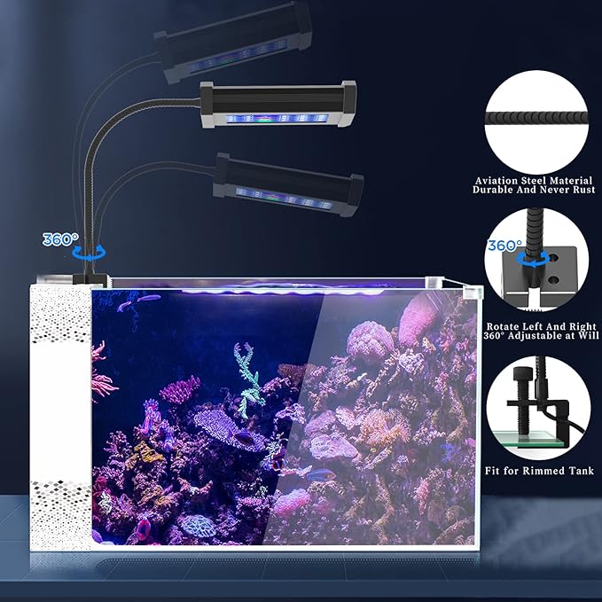 Lominie Small LED Aquarium Light Full Spectrum, 2-Channel Dimmable Fish Tank Light with Adjustable Gooseneck for Saltwater, Coral Nano Tank (Saltwater)