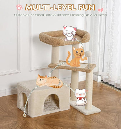 Made4Pets Cat Tree, Carpet Cat Tower Grey for Indoors Cats, Cute Wood Kitty Condo with Scratching Post and Pad, 29" Multi-Level Modern Activity Climbing Furniture for Small and Medium Cats