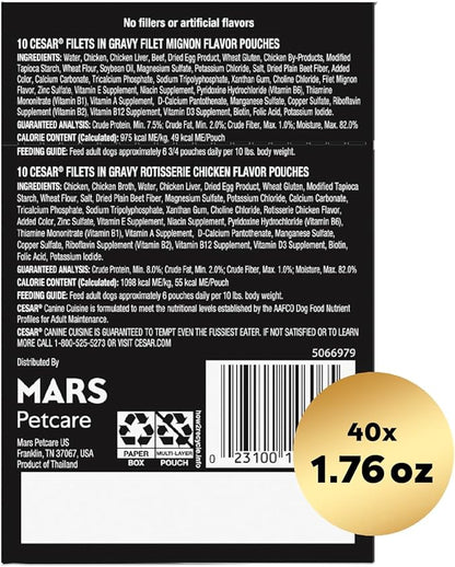 Cesar Filets in Gravy Wet Dog Food Filet Mignon Flavor and Rotisserie Chicken Flavor Variety Pack, 1.76 oz. Mini-Pouches, 20 Pack (Pack of 2)