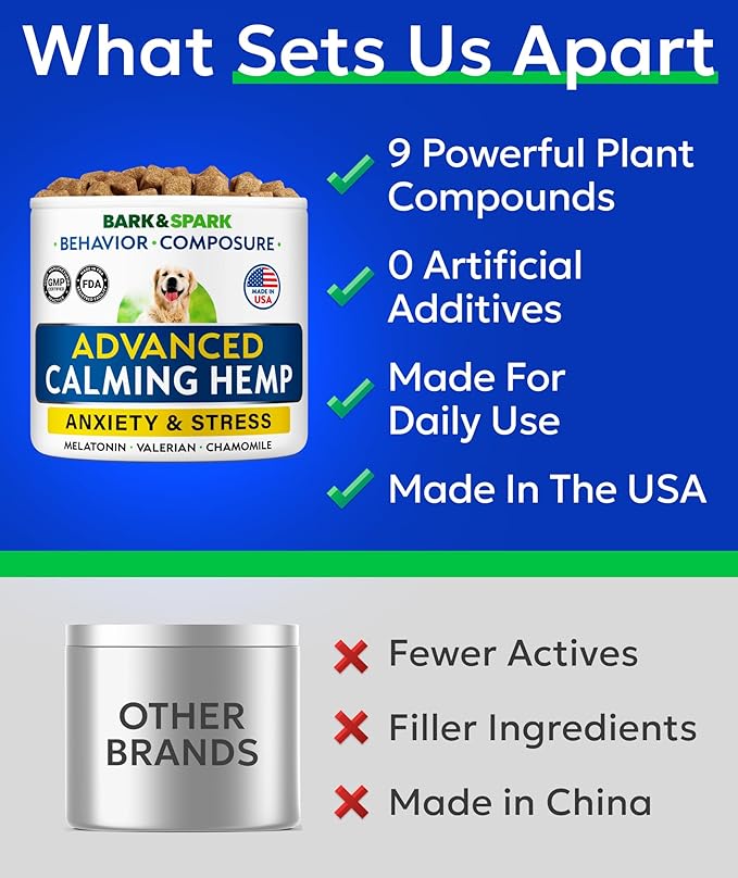 BARK&SPARK Advanced Calming Chews for Dogs - Hemp Chew + Melatonin - Anxiety Relief - Sleep Aid - Relaxing Treats - Stress Relief During Fireworks, Storms, Thunder, Barking - Made in USA - 60Ct
