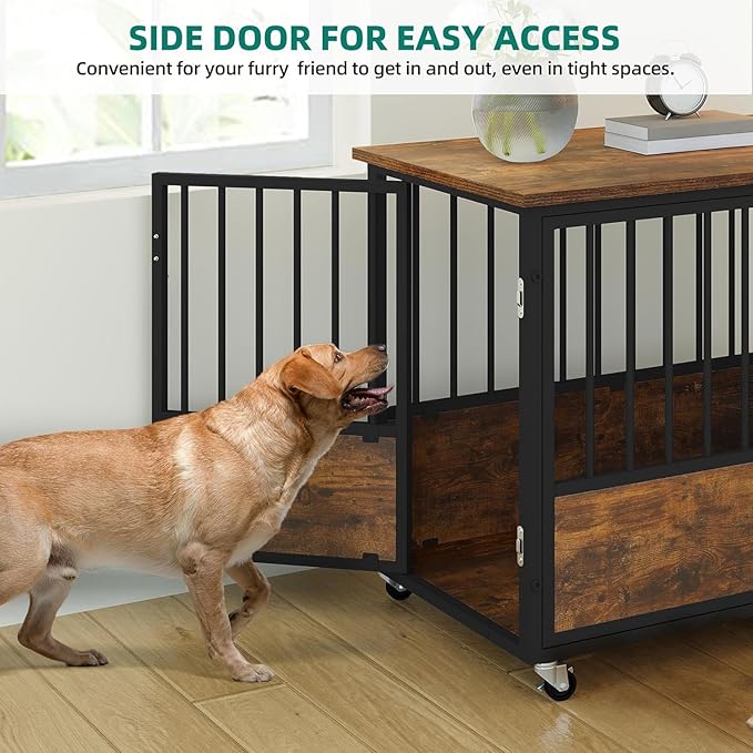 YITAHOME 38" Dog Crate Furniture with Wheels, Heavy Duty Wood Dog Cage Table with Double-Doors Chew-Resistant Wooden Dog Kennel Indoor for Large and Medium Dogs Rustic Brown