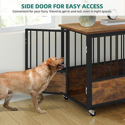YITAHOME 38" Dog Crate Furniture with Wheels, Heavy Duty Wood Dog Cage Table with Double-Doors Chew-Resistant Wooden Dog Kennel Indoor for Large and Medium Dogs Rustic Brown