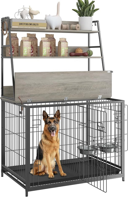 IDEALHOUSE Dog Crate Furniture,Flip-up Top Pet Crate Furniture,Indoor End Table Dog Cage with 3-Layer Storage Shelves,Dog Crates for Medium Dogs,Dog Kennel Furniture with Adjustable Bowls,Grey