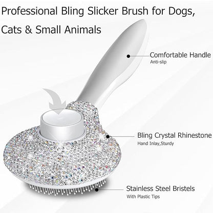 Bling Self Cleaning Slicker Brush for Dogs & Cats, Grooming Brushes for Long Short Haired Pets,Dog Brush for Shedding, Skin Friendly Deshedding Brush, Inlay Rhinestone Cat Brush,Rake, Comb