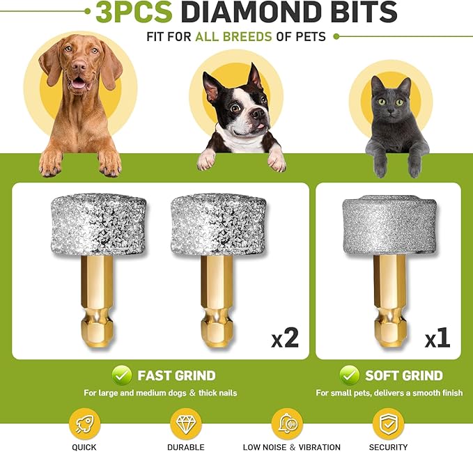 Dog Nail Grinder Super Quiet Dog Nail Trimmers 3 Grinding Wheels 3 Speed Rechargeable Pet Nail Grinder LED Display Dog Nail Clippers Kit for Large Medium Small Dogs Cats Dog Nail File Toenail Clippers