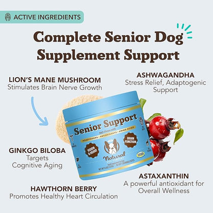 Natural Dog Company Senior Dog Vitamins Chew for Brain, Heart & Eye Health - Cognitive Support, Vision Clarity & Cardiovascular Function with Omega-3s, Lion’s Mane Senior Dog Supplements, 90 cnt