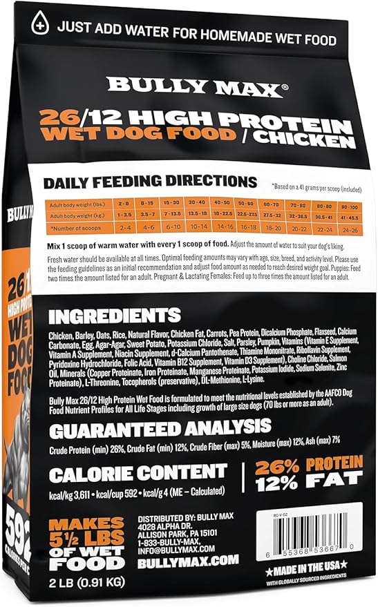 Bully Max Wet Dog Food - Instant Fresh Dehydrated High Protein Soft Puppy & Adult Dog Food with Chicken - Healthy Muscle Growth for Small & Large Breeds - 4 Dry Pounds (Makes 11 lbs. of Wet Food)