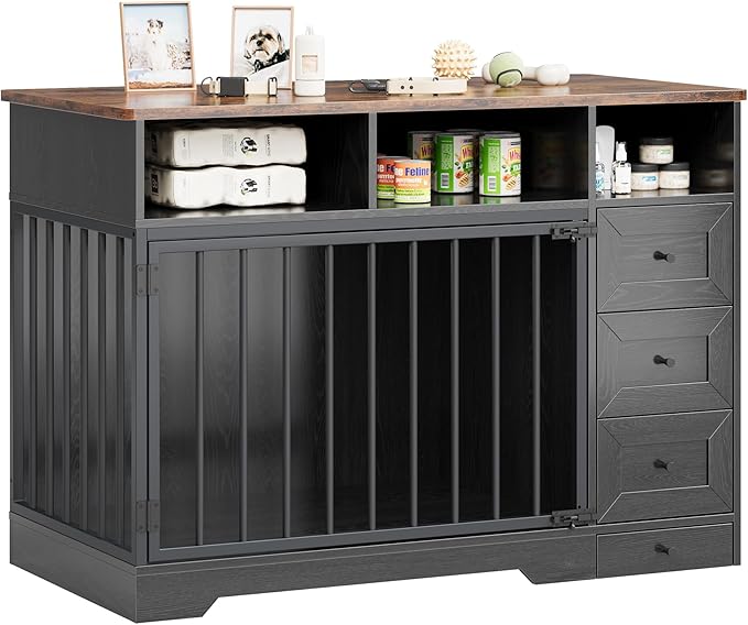 Dog Crate Furniture for Small Dogs, Wooden Dog Kennel Indoor with Storage Shelves, 3 Drawers & Hidden Bowl, Modern Pet Cage Side End Table, up to 120 lb, 48" L, Steel Lock, Black