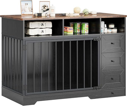 Dog Crate Furniture for Small Dogs, Wooden Dog Kennel Indoor with Storage Shelves, 3 Drawers & Hidden Bowl, Modern Pet Cage Side End Table, up to 120 lb, 48" L, Steel Lock, Black