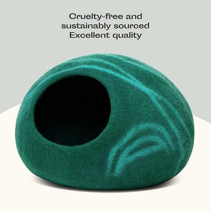 MEOWFIA Cat Cave  Premium Felt Cat Bed for Indoor Cats, Handmade 100% Merino Wool (Large, Emerald)