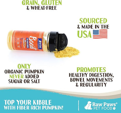 Raw Paws Boost Pet Food Topper Organic Pumpkin Powder, 3-oz - Made in USA - Grain-Free Dog Toppers for Dry Food - Anti Scoot Powder Pumpkin for Dogs - Vegan Dog Food Gravy - Dog Meal Toppers for Dogs