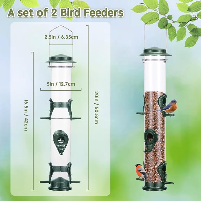 MIXXIDEA 2PK Metal Wild Bird Feeder Bird Feeders for Outdoors Hanging 6 Port Tube Bird Feeder Transparent Finch Feeder with Steel Hanger Green