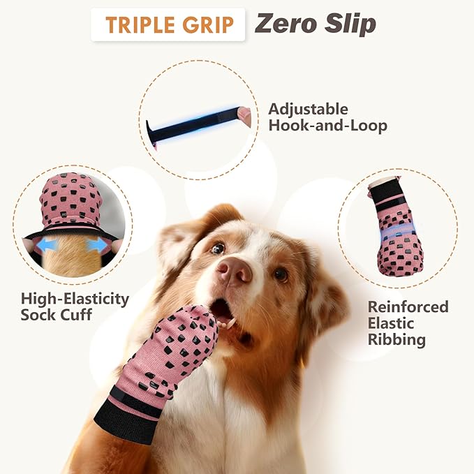 Non Slip Dog Socks to Prevent Licking Paws Grippy Socks for Senior Dog on Hardwood Floors Anti Slip Dog Socks for Hot Pavement Double Side Paw Protector Prevent Scratching Pink M