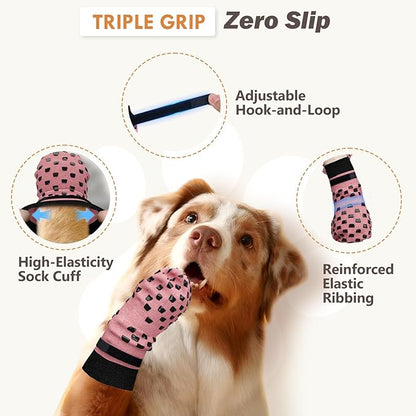 Non Slip Dog Socks to Prevent Licking Paws Grippy Socks for Senior Dog on Hardwood Floors Anti Slip Dog Socks for Hot Pavement Double Side Paw Protector Prevent Scratching Pink XXL