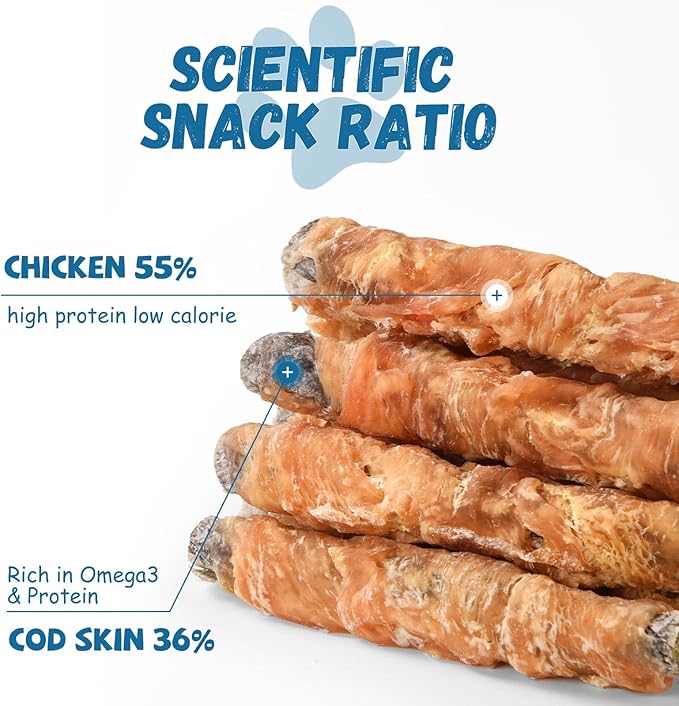 Chicken Wrapped Cod Fish Skin Stick Dog Treats, Healthy High Protein Omega3 Cod Twist Dog Chews Real Chicken Wrap Teeth Cleaning for Large Medium Small Pets 10.5 OZ
