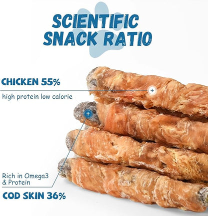 Chicken Wrapped Cod Fish Skin Stick Dog Treats, Healthy High Protein Omega3 Cod Twist Dog Chews Real Chicken Wrap Teeth Cleaning for Large Medium Small Pets 10.5 OZ
