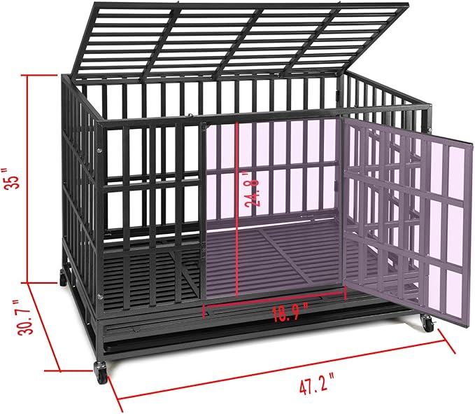 48 Inch Heavy Duty Dog Crate Kennel with Wheels, High Anxiety Indestructible Dog Crates for Large Dogs, XL XXL Extra Large Dog Crate with Removable Dog Cage Tray, Two Locks (Black, Square)