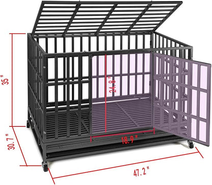 48 Inch Heavy Duty Dog Crate Kennel with Wheels, High Anxiety Indestructible Dog Crates for Large Dogs, XL XXL Extra Large Dog Crate with Removable Dog Cage Tray, Two Locks (Black, Square)