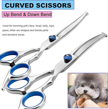 7PCS Dog Grooming Scissors Kit Professional Curved Dog Scissors for Grooming Safety Round Tip 4CR Coated Stainless Steel Heavy Duty Thinning Pet Shears Set for Dogs Cats
