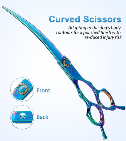 7.5'' Dog Curved Scissors for Grooming 440C Stainless Steel Green Professional Pet Trimming Scissors Sharp Blades Cutting for Dogs and Cats Shears