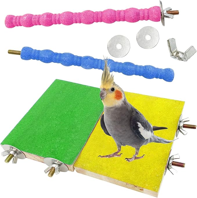 kathson 4 PCS Bird Perch Stand Toy Wood Parrot Perch Stand Platform Paw Grinding Rough-surfaced Chew Toys Cage Accessories Exercise Toys for Budgies Parakeet Cockatiel Conure Hamster