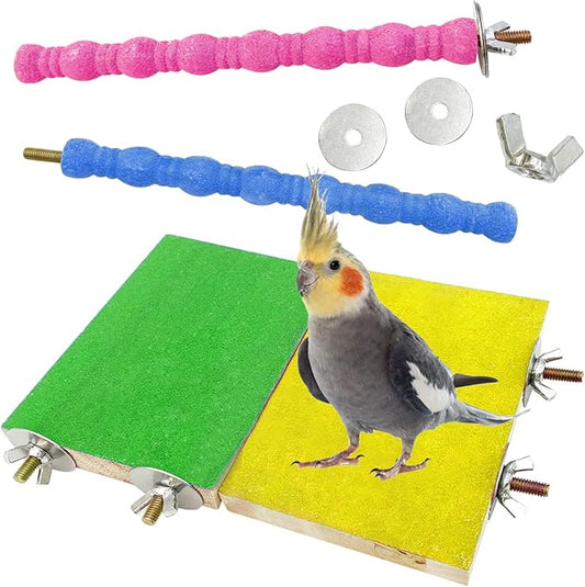 kathson 4 PCS Bird Perch Stand Toy Wood Parrot Perch Stand Platform Paw Grinding Rough-surfaced Chew Toys Cage Accessories Exercise Toys for Budgies Parakeet Cockatiel Conure Hamster