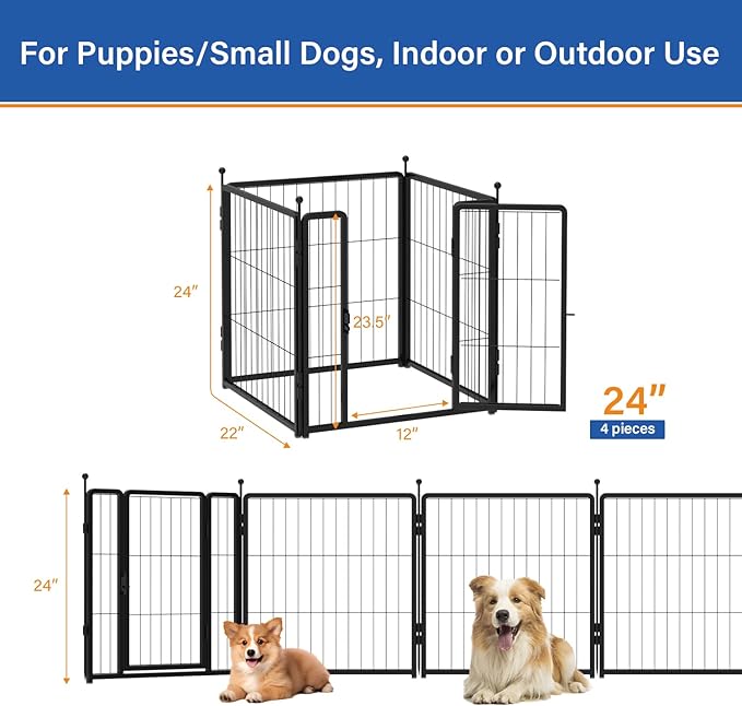 Dog Playpen for Indoor & Outdoor Use  Heavy-Duty Metal Pet Fence with Ground Stakes, Rounded Ball Tops for Safety, Stable & Foldable Design, Easy to Assemble 24 inch 4 Panels
