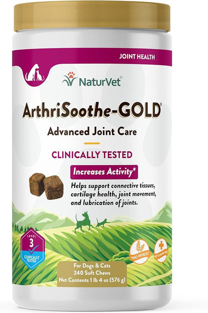 NaturVet Arthrisoothe Glucosamine for Dogs  Dog Supplement with Glucosamine, MSM, Chondroitin & Hyaluronic Acid  ArthriGold Level 3  240 Soft Chews