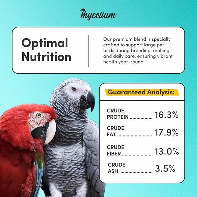 Mycelium Large Pet Bird Food | Clean & Safe Bird Seed Mix for Macaws, Cockatoos, Parrots | High in Protein & Fat with Egg, Corn, Vitamins, Peanuts & Hemp Seed | Organic & Non-GMO 5 lb Bag