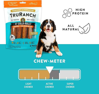 TRURANCH Collagen Rolls - 6" Collagen Rolls for Dogs - Long Lasting Healthy Joint Support Dog Treat - Rawhide Alternative - Skin & Coat Health - Made with Real Chicken, 1 Bag, 4 Count
