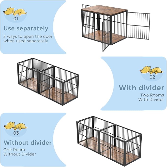 86.62''Dog Crate Furniture Large Breed TV Stand with Double Rooms,Wooden Dog Kennel Dog Crate End Table with Removable Divider for Large Medium Dogs, Can Use Separately, Brown