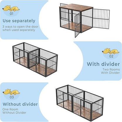 86.62''Dog Crate Furniture Large Breed TV Stand with Double Rooms,Wooden Dog Kennel Dog Crate End Table with Removable Divider for Large Medium Dogs, Can Use Separately, Brown