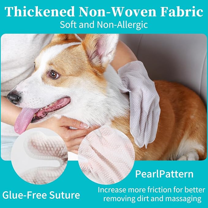 Pet Glove Wipes for Dogs Cats, Extra Thick Hypoallergenic Dog Dry Cleaning Bath Gloves Wipes Deodorizing for Paws/Butt/Teeth/Ear/Eye, Cat Grooming Glove Wipes for Daily Care Traveling(6pcs)
