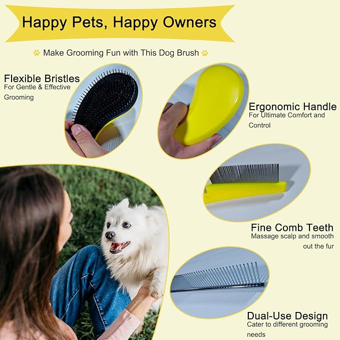 3 PCS Puppy Brush Grooming Kit, Stainless Steel Flea Comb, Fit for Yorkie, Shih Tzu, Maltipoo, Soft Bristle (Yellow)