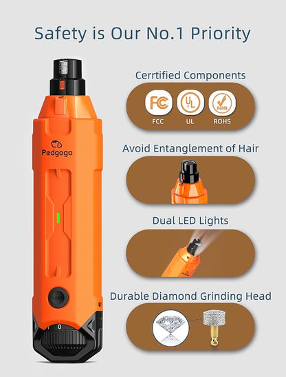 Dog Nail Grinder Super Quiet 45 db 6-Speed Pet Nail Grinder with 2 LED Lights 12000RPM & 3 Grinding Ports Dog Nail Trimmer for Large Medium Small Dogs with Dust Cap & 2 Extra Grinding Head
