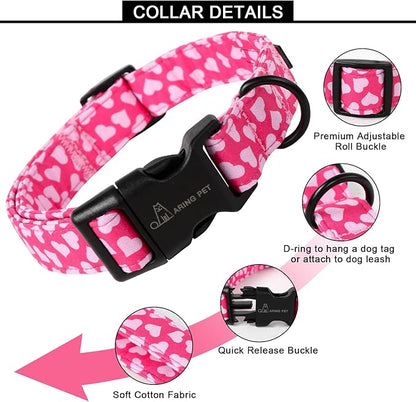 ARING PET Valentine's Day Dog Collar-Cotton Pink Heart Dog Collars, Adjustable Valentine Heart Pet Collars Puppy Collar with Quick Release Buckle for Girl&Boy Dogs