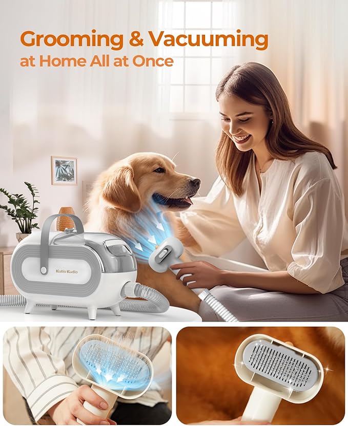 8 in 1 Pet Grooming Kit: Powerful Suction Vacuum for Dogs, 2L Large Capacity Shedding Hair Groomer with Brush, Grey