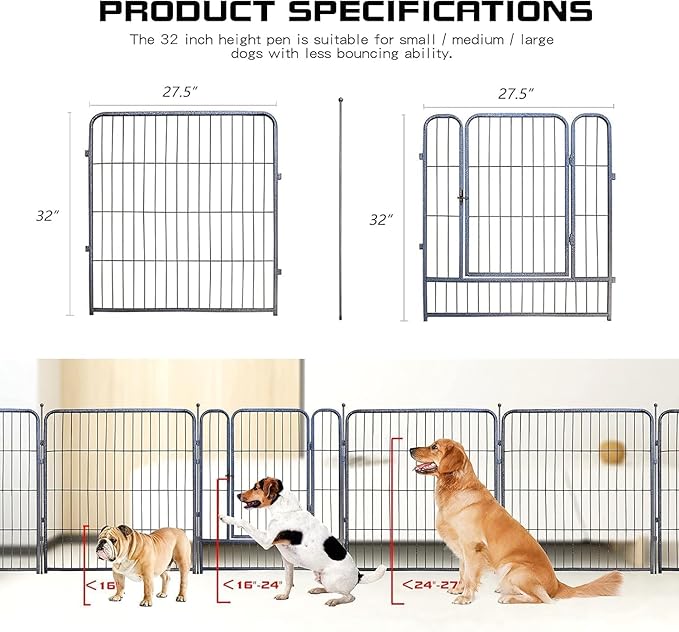 Dog Playpen,32/40/45 Inch Height in Heavy Duty, Folding Indoor Outdoor Anti-Rust Dog Exercise Fence, Portable Pet Playpen with Door for Large Medium Small Dogs and Pet (40 Panels, 32 Inch) Silver