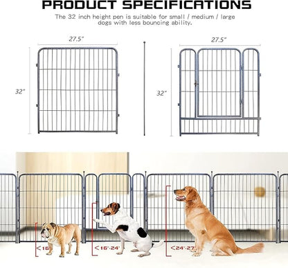 Dog Playpen,32/40/45 Inch Height in Heavy Duty, Folding Indoor Outdoor Anti-Rust Dog Exercise Fence, Portable Pet Playpen with Door for Large Medium Small Dogs and Pet (16 Panels, 32 Inch) Silver